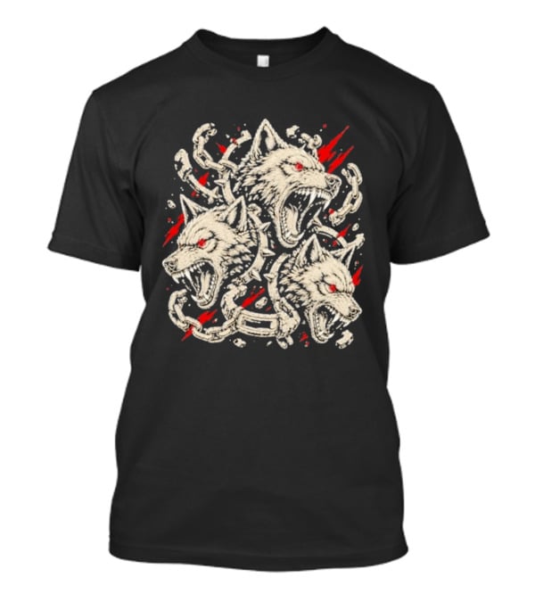 Three Headed Wolf Cerberus Mythical Beast Chains And Red Accents T-Shirt