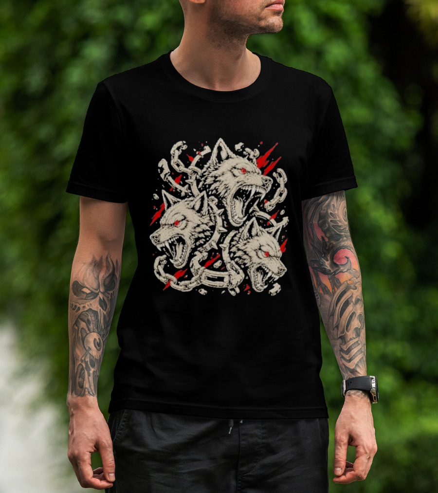 Three Headed Wolf Cerberus Mythical Beast Chains And Red Accents T-Shirt