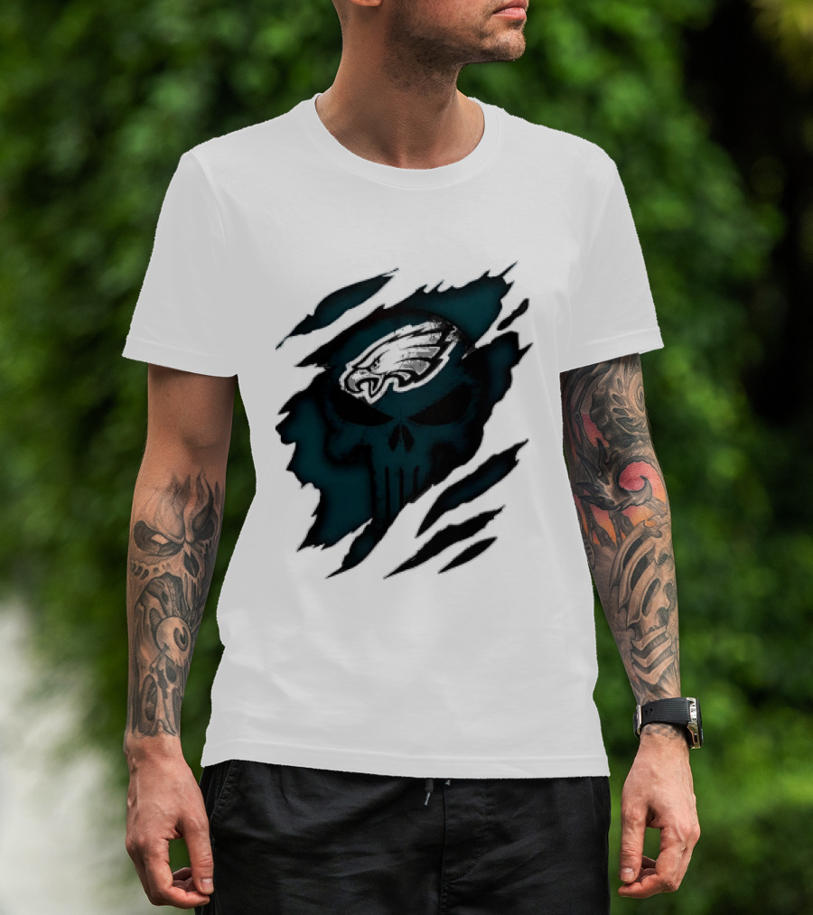 Philadelphia Eagles Punisher Skull Ripped Effect NFL Team Merchandise T-Shirt
