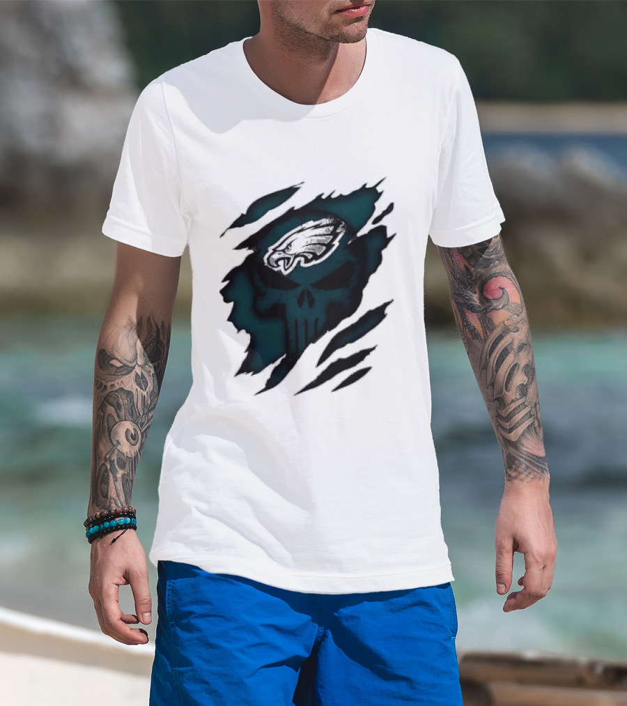 Philadelphia Eagles Punisher Skull Ripped Effect NFL Team Merchandise T-Shirt