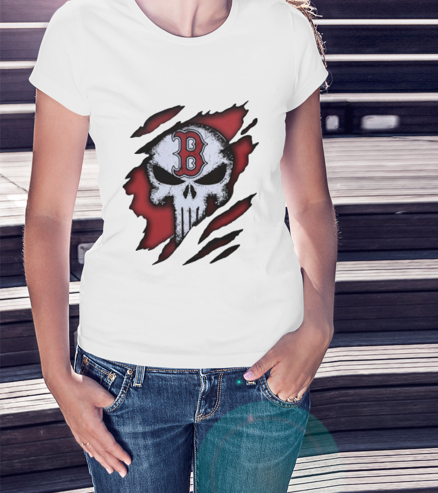 Boston Red Sox Skull Punisher Shredded Effect T-Shirt