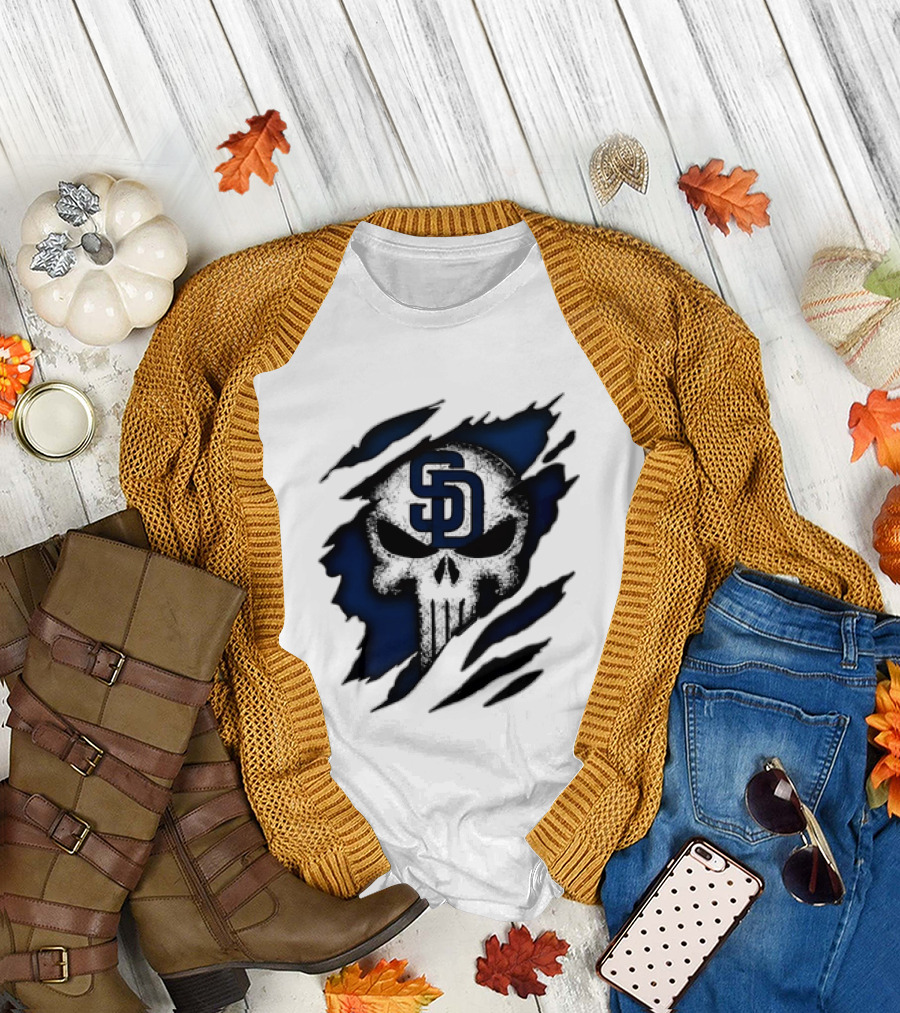 SD Punisher Skull Ripped Fabric San Diego Padres T-Shirt