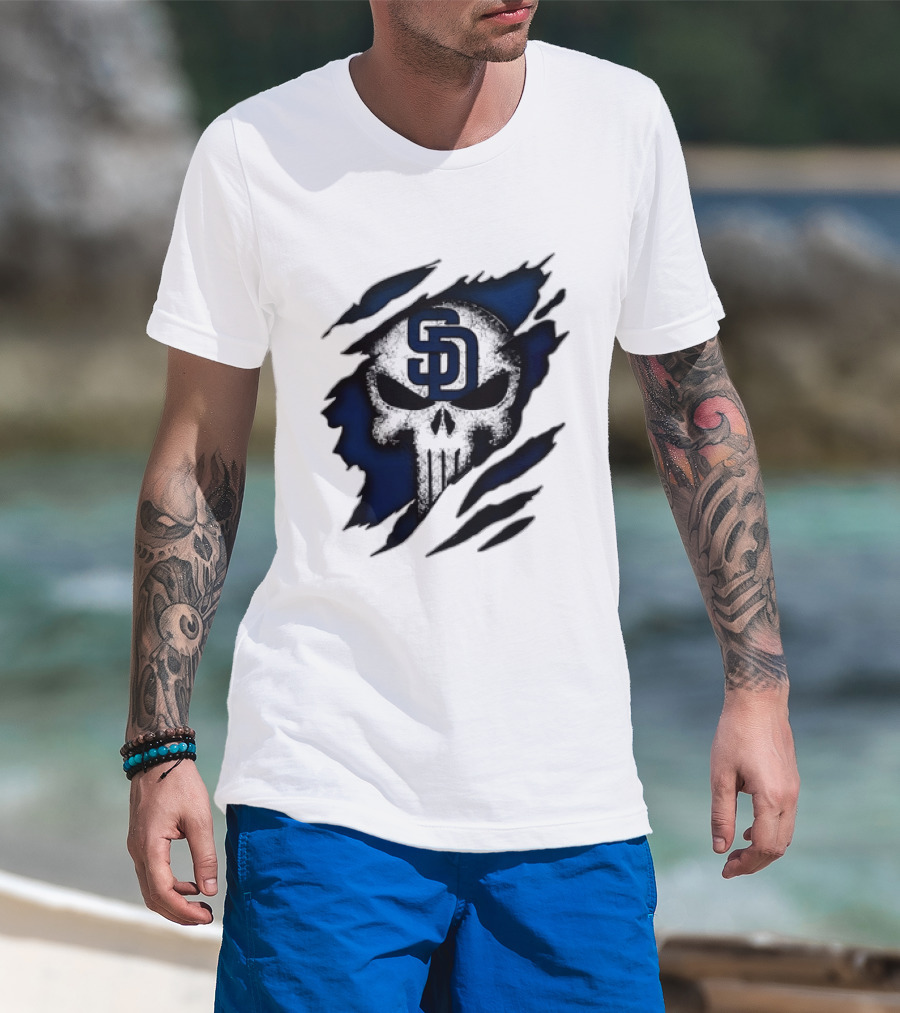 SD Punisher Skull Ripped Fabric San Diego Padres T-Shirt