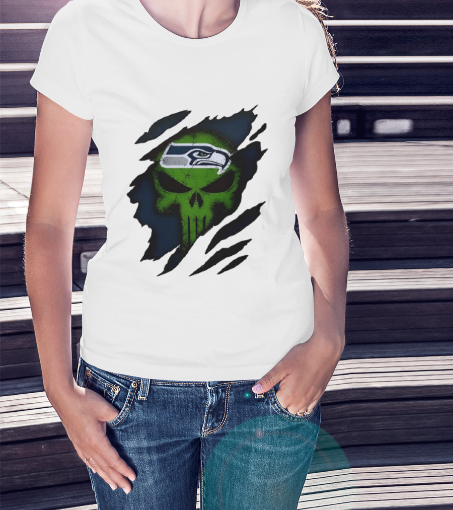Seattle Seahawks Punisher Skull Ripped Fabric T-Shirt