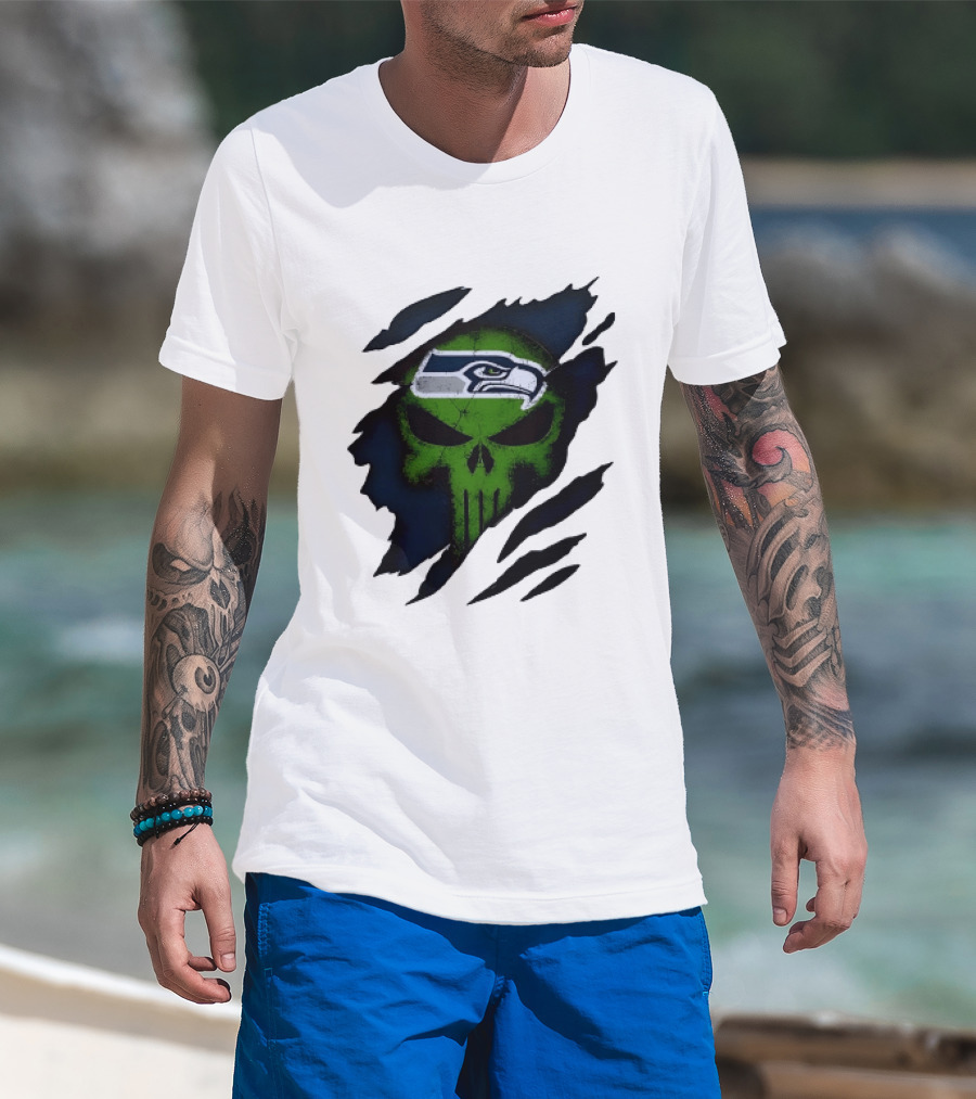 Seattle Seahawks Punisher Skull Ripped Fabric T-Shirt