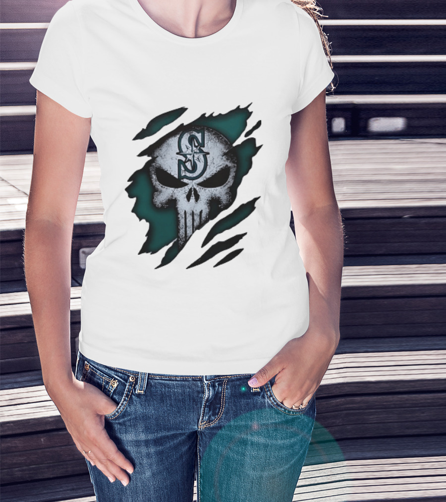 Seattle Mariners Punisher Skull Grunge Tear Effect T-Shirt
