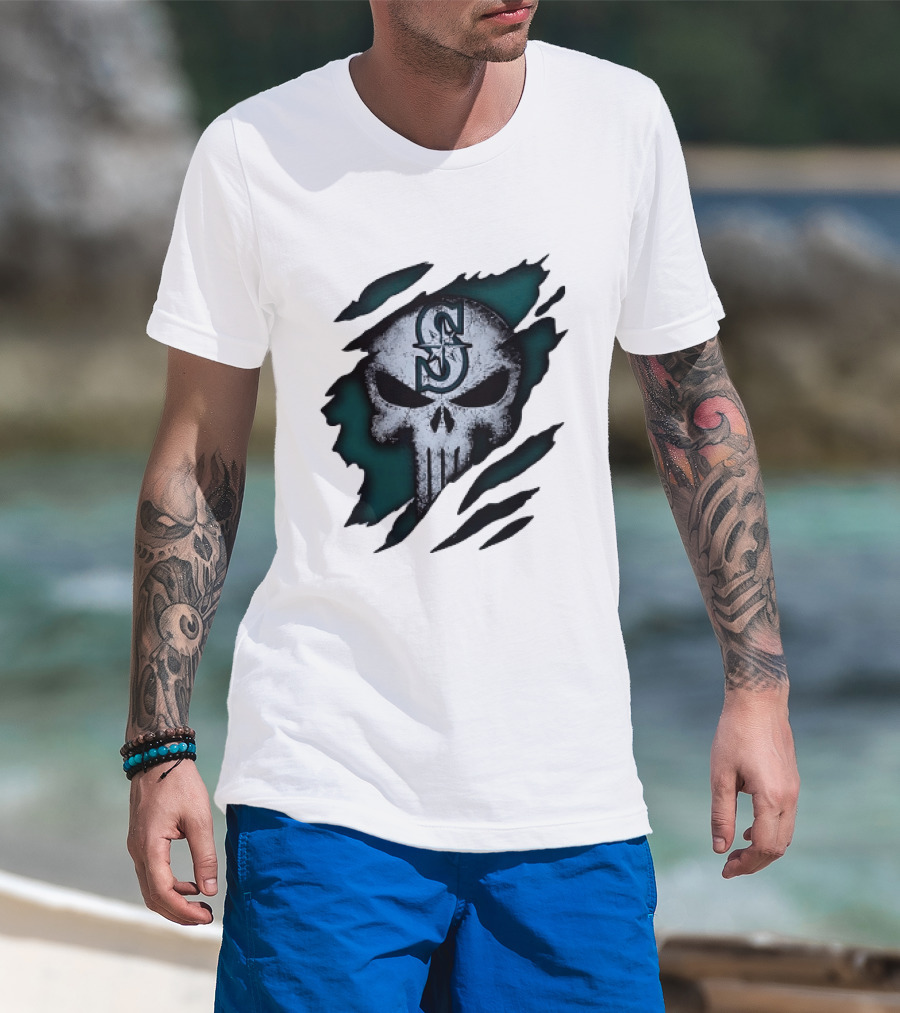 Seattle Mariners Punisher Skull Grunge Tear Effect T-Shirt