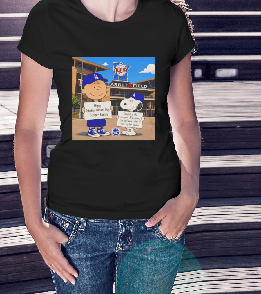 Snoopy And Charlie Brown Happy Shohei Ohtani Day Dodgers Twins Target Field T-Shirt