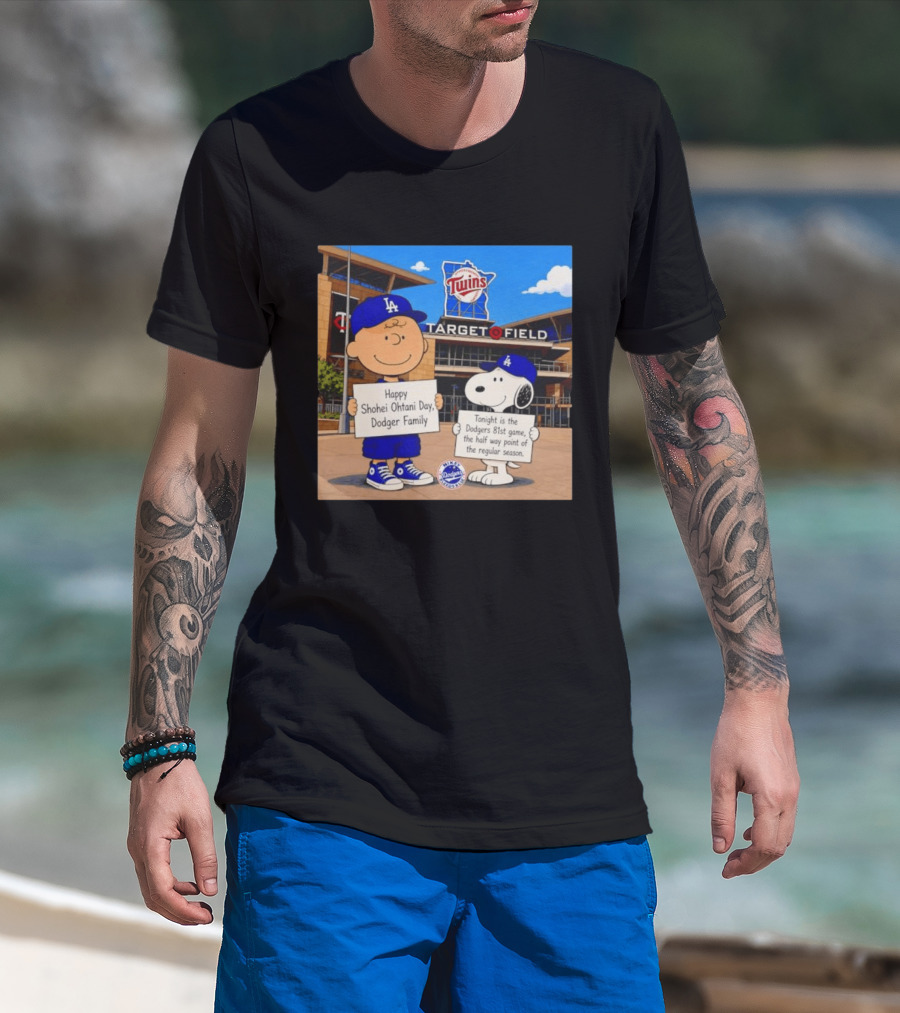 Snoopy And Charlie Brown Happy Shohei Ohtani Day Dodgers Twins Target Field T-Shirt