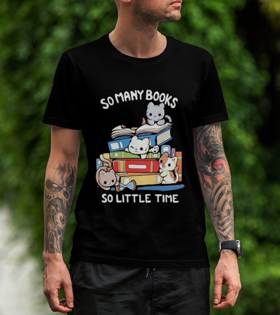 Whimsical Cartoon So Many Books So Little Time Cats Reading T-Shirt
