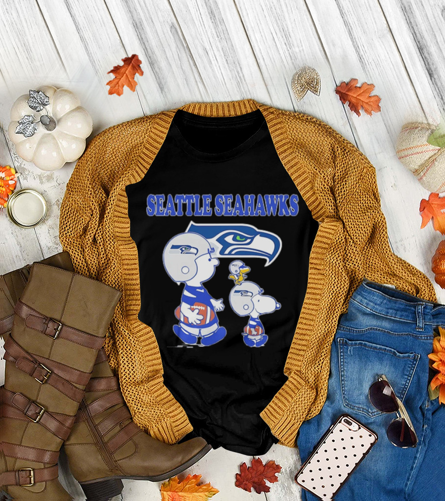 Peanuts Charlie Brown Snoopy Woodstock Playing Football Seattle Seahawks T-Shirt