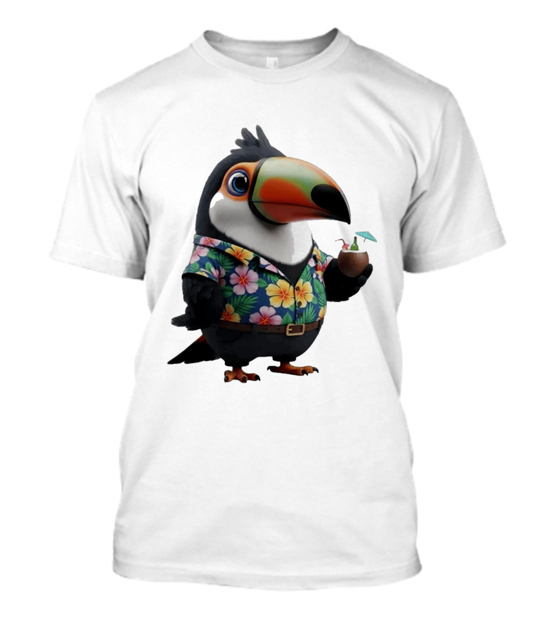 Cartoon Toucan In Hawaiian With Tropical Coconut Drink T-Shirt