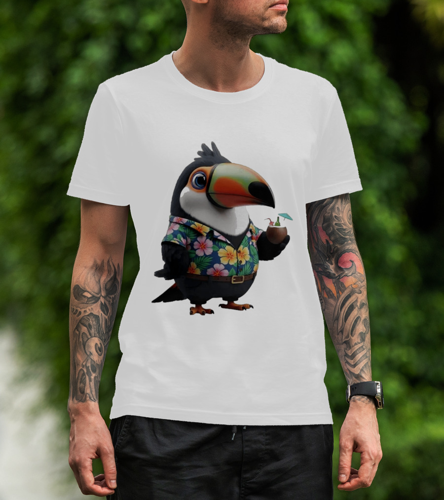 Cartoon Toucan In Hawaiian With Tropical Coconut Drink T-Shirt
