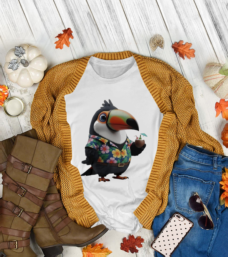 Cartoon Toucan in Hawaiian with Tropical Coconut Drink T-Shirt