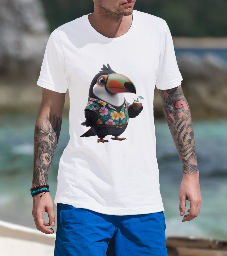 Cartoon Toucan In Hawaiian With Tropical Coconut Drink T-Shirt