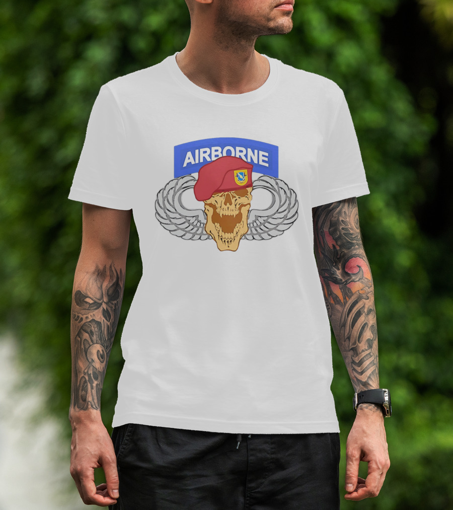 Airborne Skull Maroon Beret Parachutist Wings T-Shirt