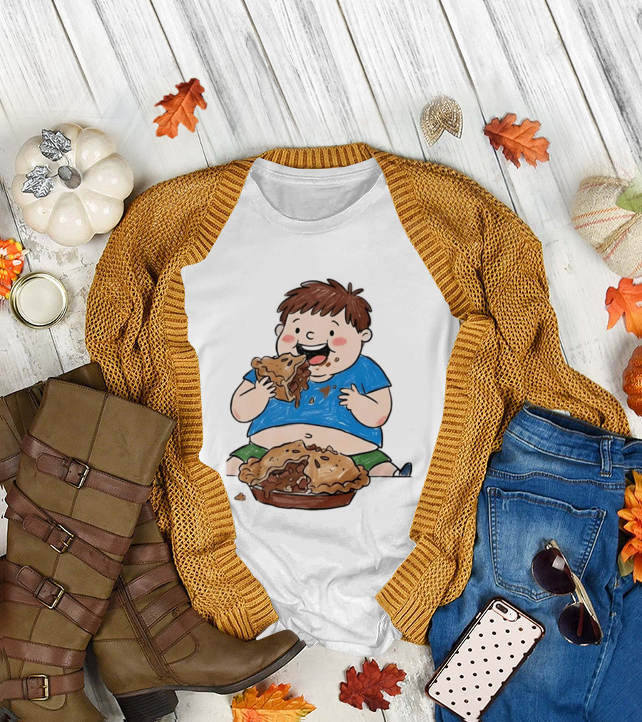 Funny Eating Pies Cartoon Boy Indulging In Delicious Pastry T-Shirt