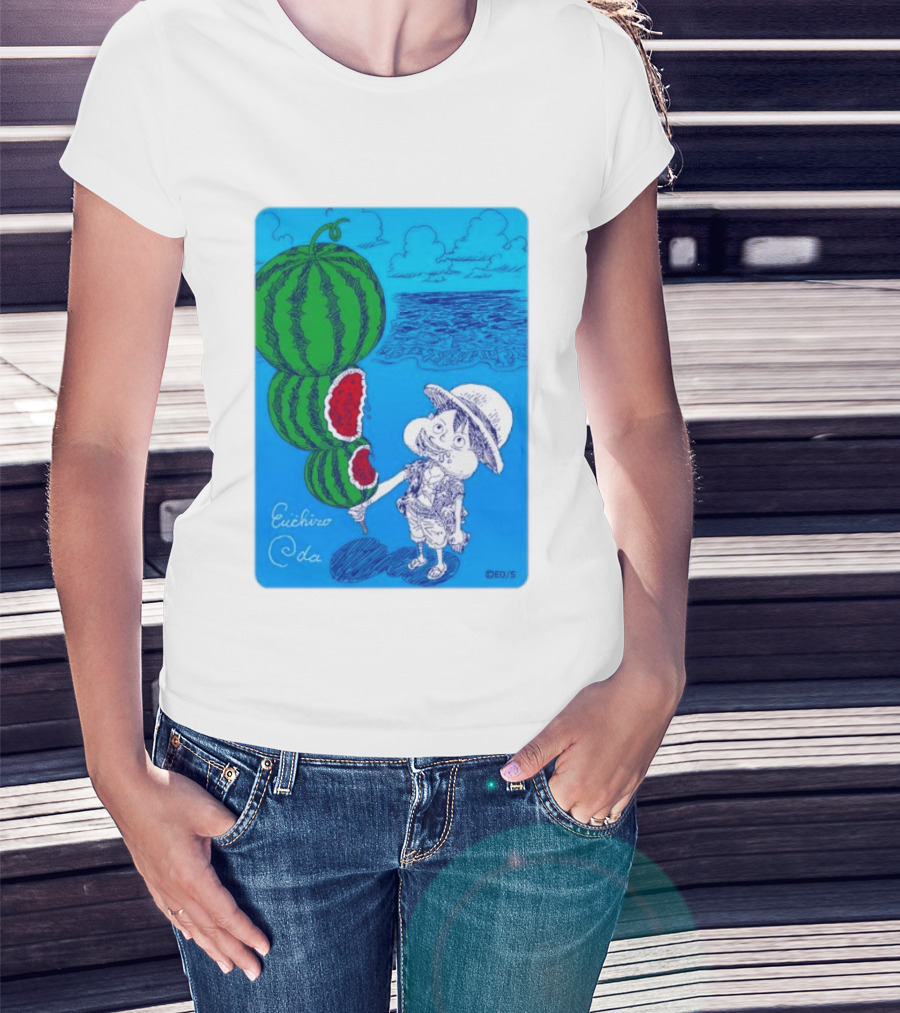 Monkey D Luffy Watermelon Eating Art By Eiichiro Oda One Piece Ocean Scene T-Shirt