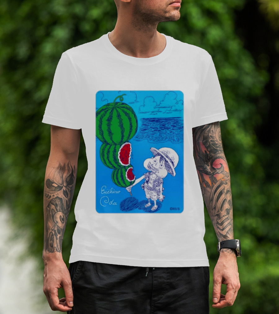 Monkey D Luffy Watermelon Eating Art By Eiichiro Oda One Piece Ocean Scene T-Shirt