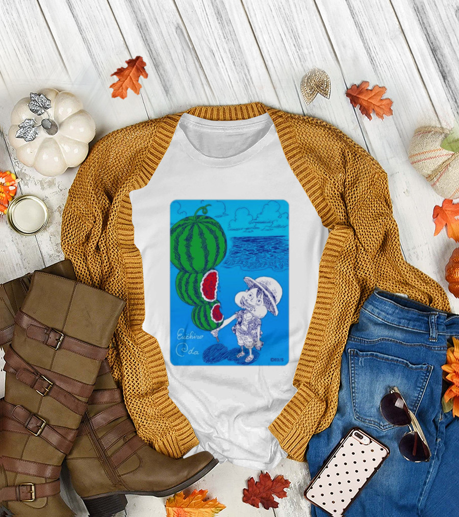Monkey D Luffy Watermelon Eating Art by Eiichiro Oda One Piece Ocean Scene T-Shirt