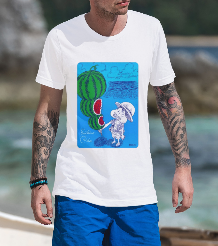 Monkey D Luffy Watermelon Eating Art By Eiichiro Oda One Piece Ocean Scene T-Shirt