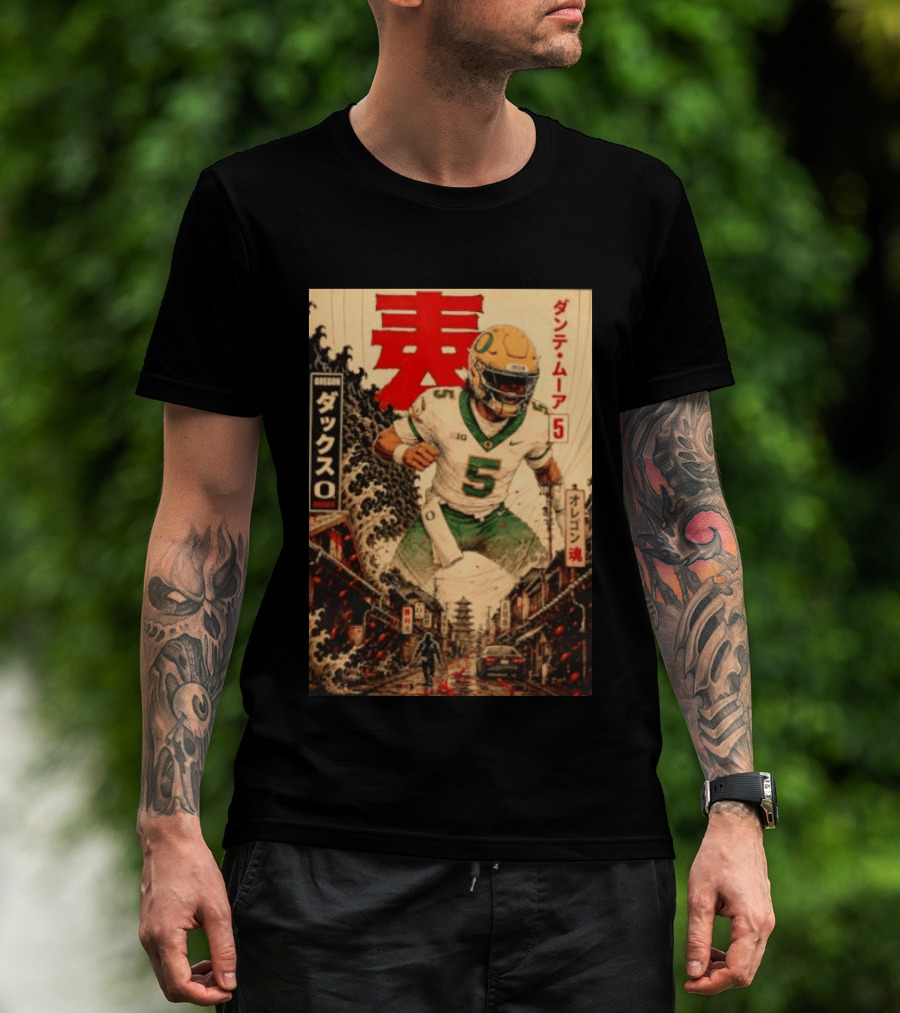 Dante Moore Number 5 Oregon Ducks Football Japanese Art Style Rugged City Scene T-Shirt