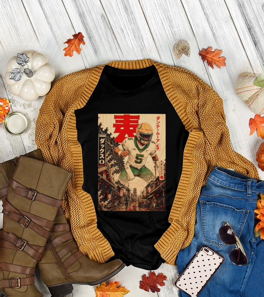 Dante Moore Number 5 Oregon Ducks Football Japanese Art Style Rugged City Scene T-Shirt