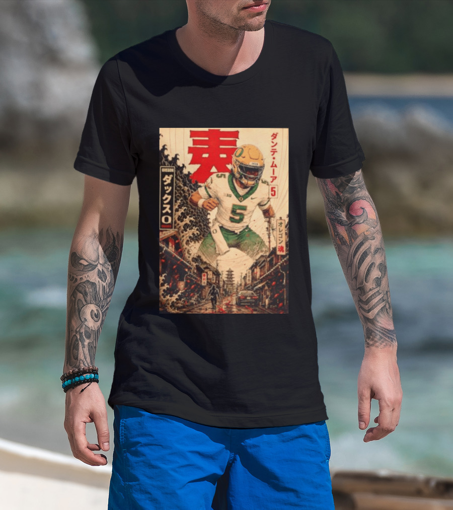 Dante Moore Number 5 Oregon Ducks Football Japanese Art Style Rugged City Scene T-Shirt