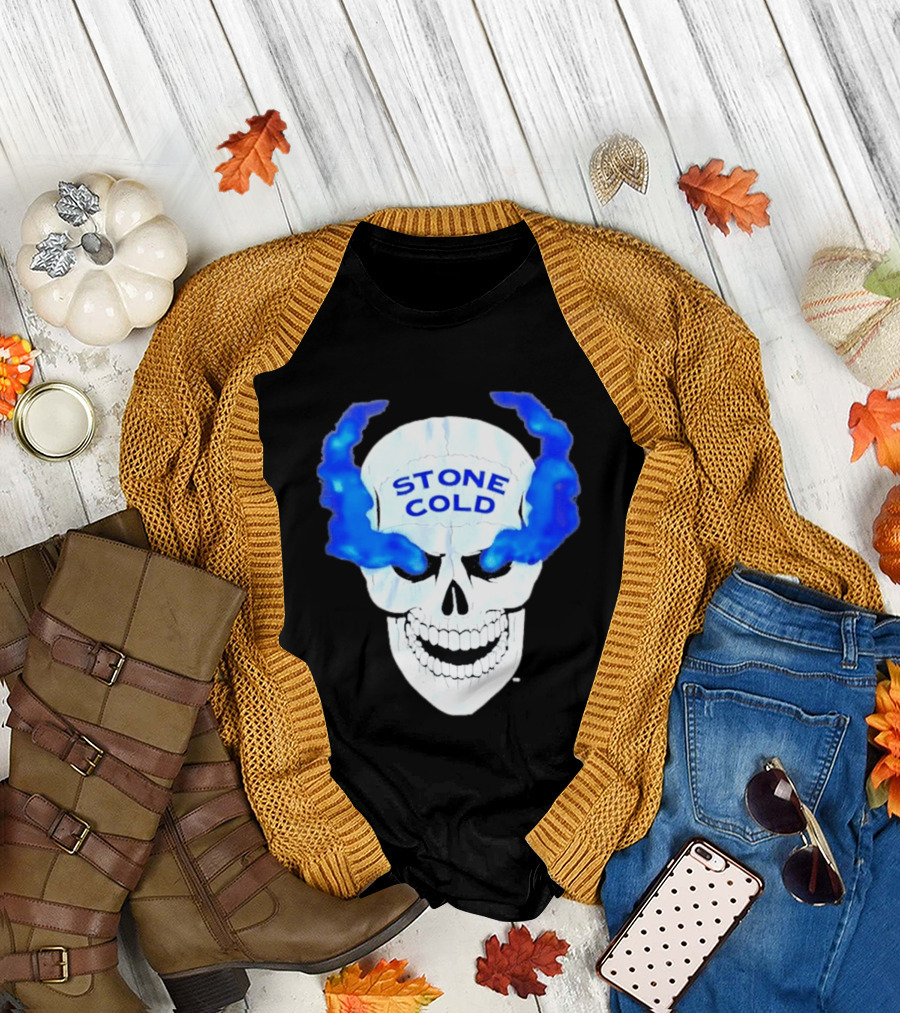 Stone Cold Skull WWE Wrestling Iconic Blue Flames T-Shirt