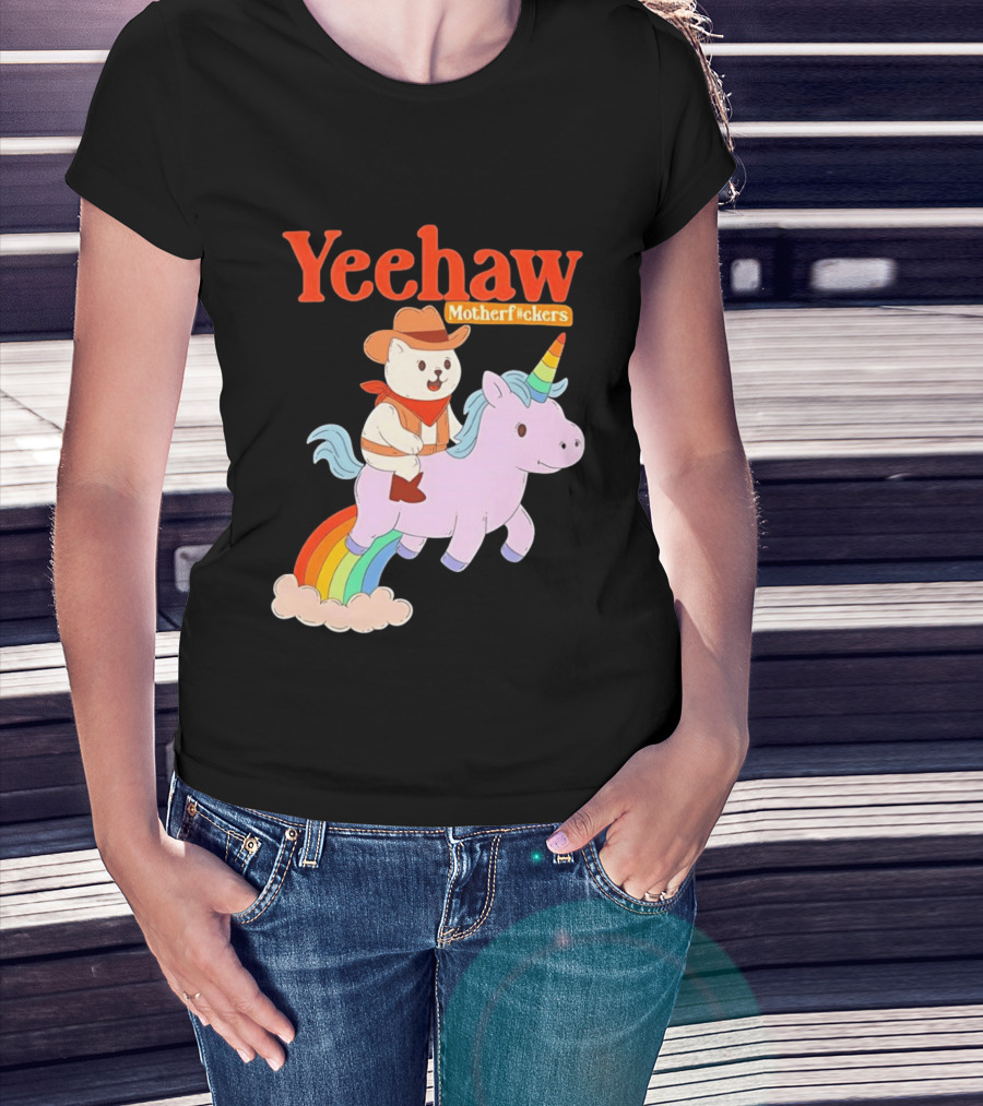 Yeehaw Motherfuckers Cat Cowboy On Rainbow Unicorn T-Shirt