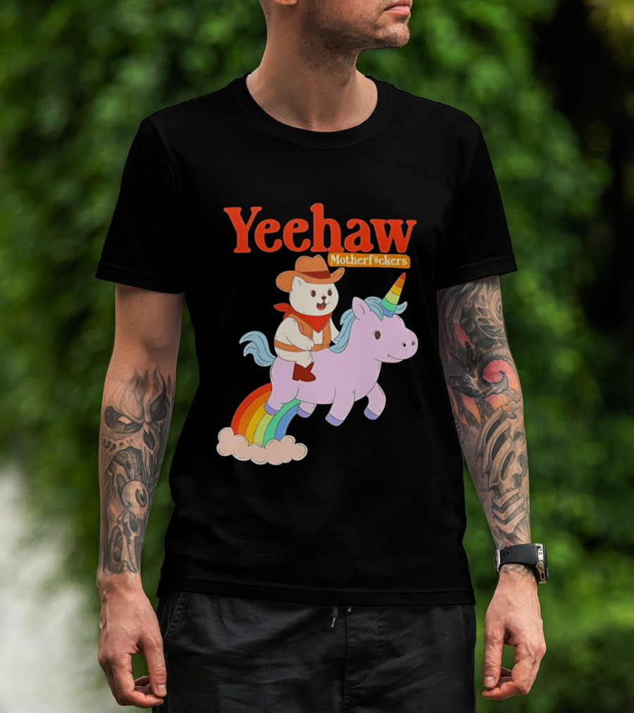 Yeehaw Motherfuckers Cat Cowboy On Rainbow Unicorn T-Shirt