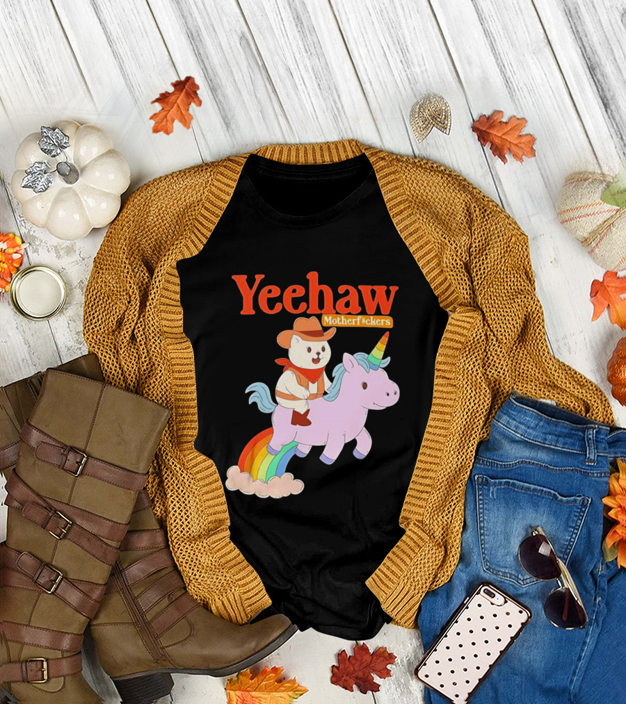 Yeehaw Motherfuckers Cat Cowboy on Rainbow Unicorn T-Shirt