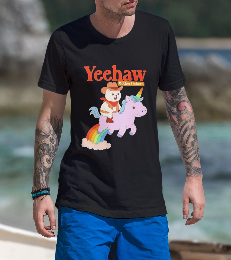Yeehaw Motherfuckers Cat Cowboy On Rainbow Unicorn T-Shirt