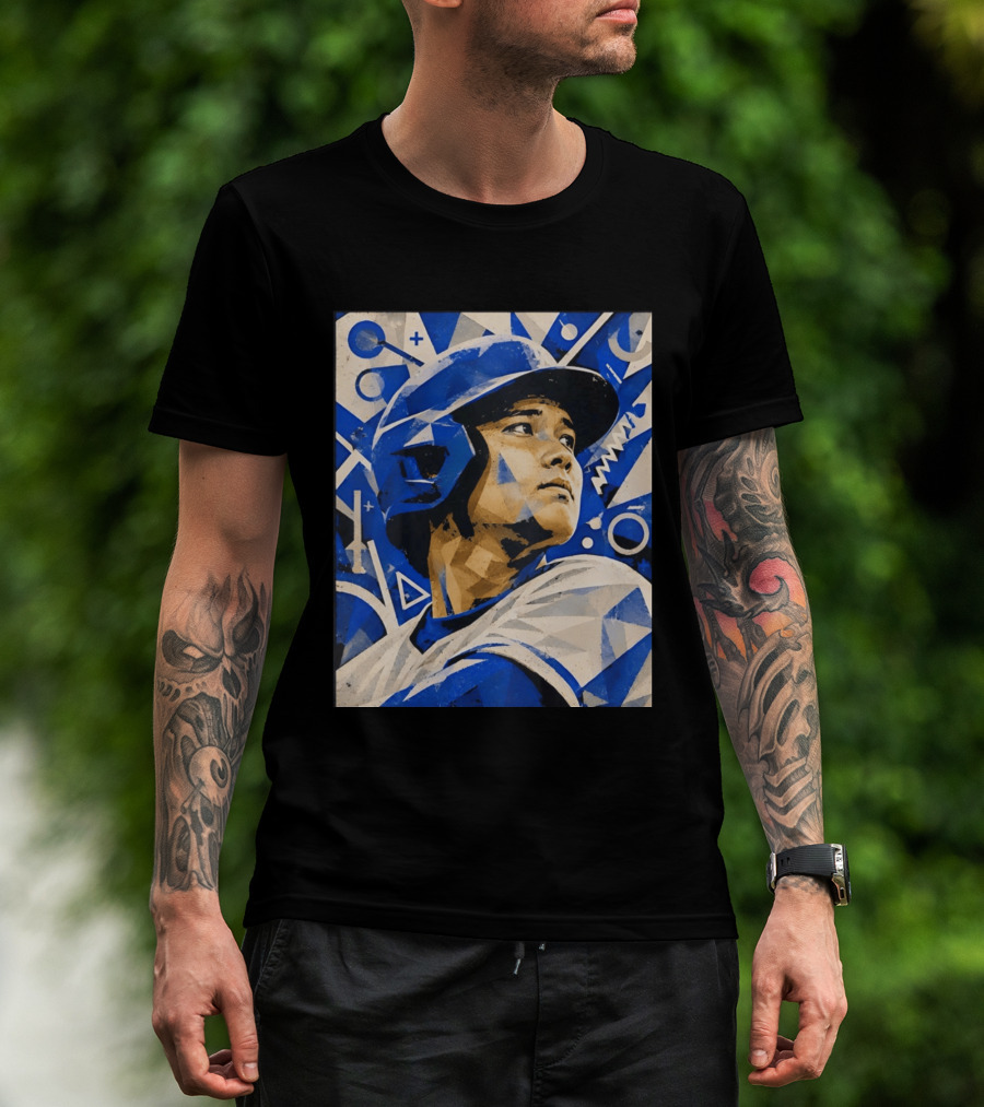 Baseball Player In Geometric Blue Abstract T-Shirt