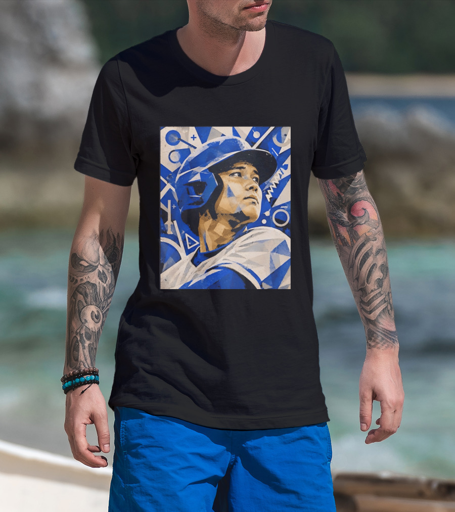 Baseball Player In Geometric Blue Abstract T-Shirt