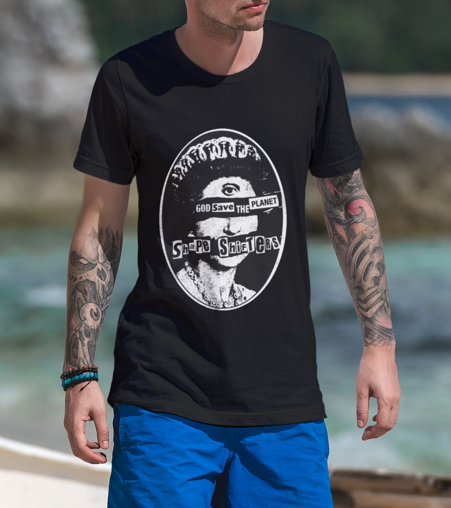 God Save The Planet Shape Shifters Queen Elizabeth Iconic Collage T-Shirt