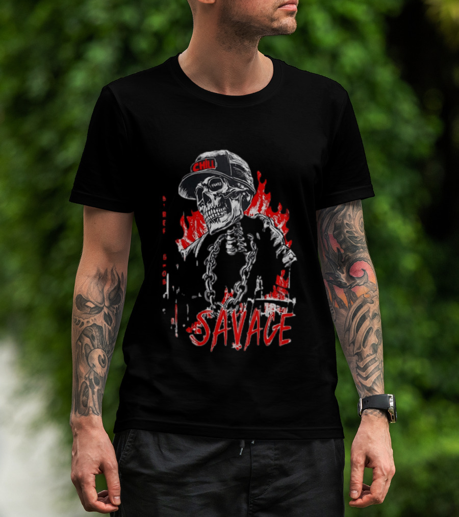 Street Ghost Chill Savage Skeleton Flames Red Black Chain T-Shirt