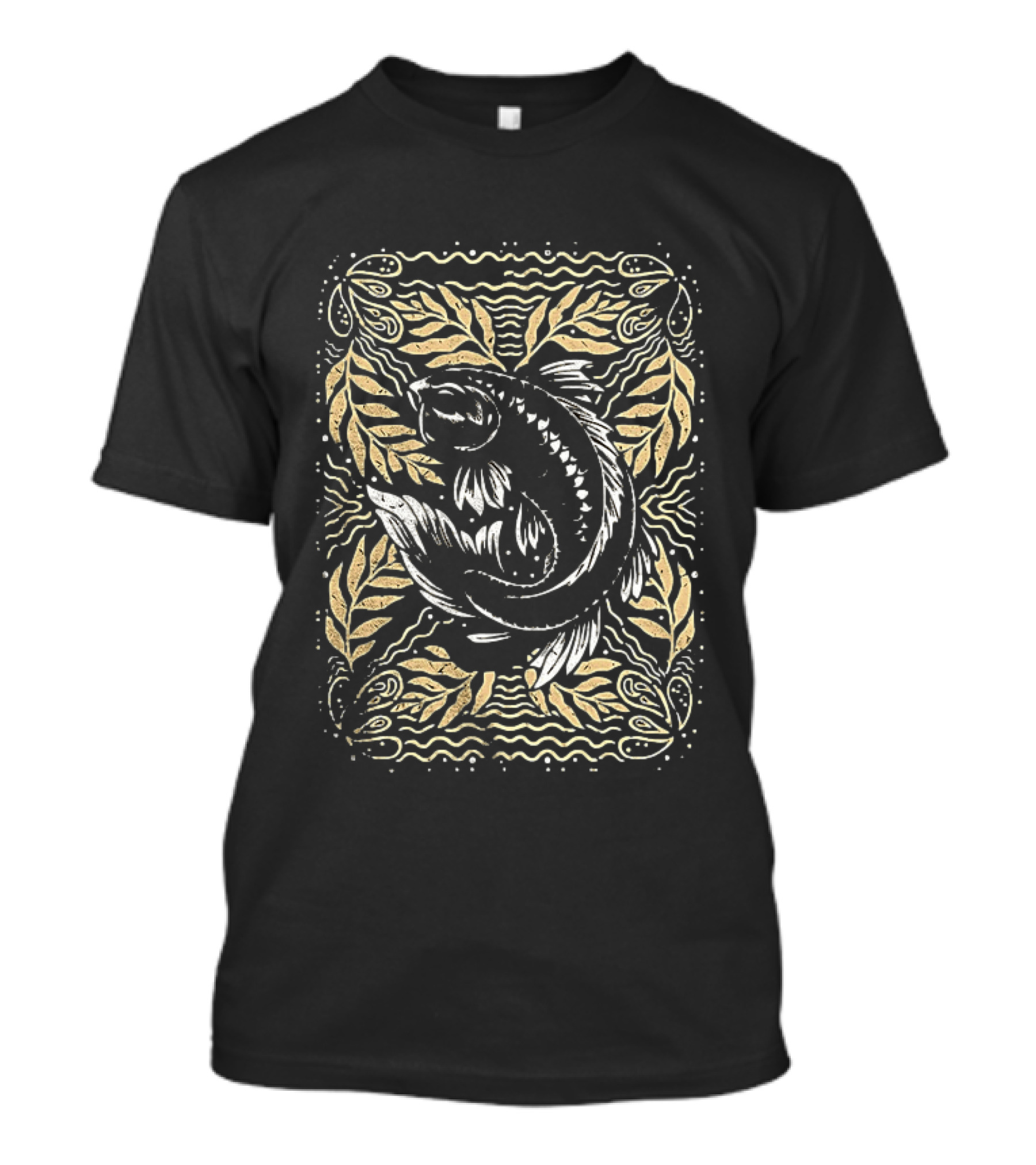 Imperial Koi Fish Artwork With Ornate Leaf Borders T-Shirt