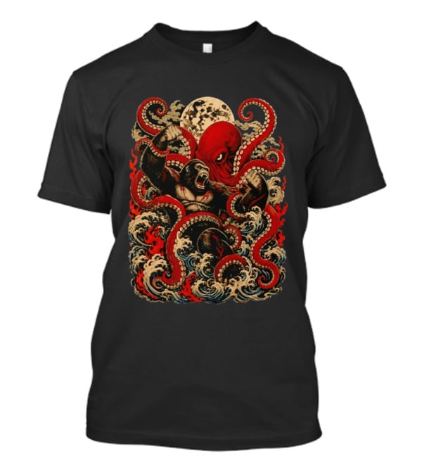 Tokyo Kaiju Octopus Vs Gorilla Battle Waves And Moon Scene T-Shirt
