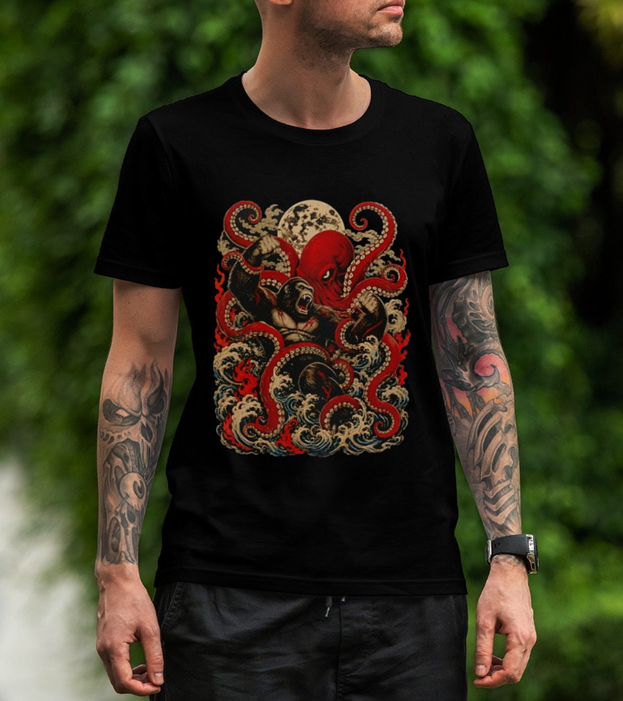 Tokyo Kaiju Octopus Vs Gorilla Battle Waves And Moon Scene T-Shirt