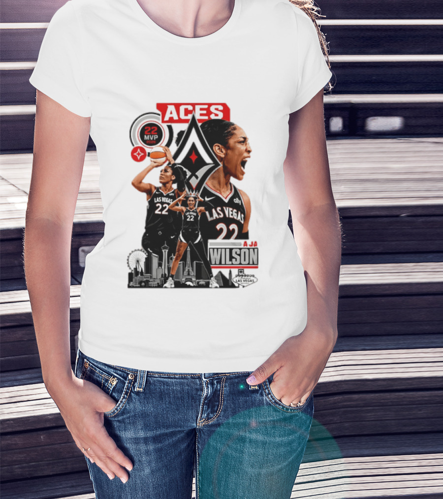 Las Vegas Aces A'ja Wilson 22 MVP Skyline Basketball T-Shirt