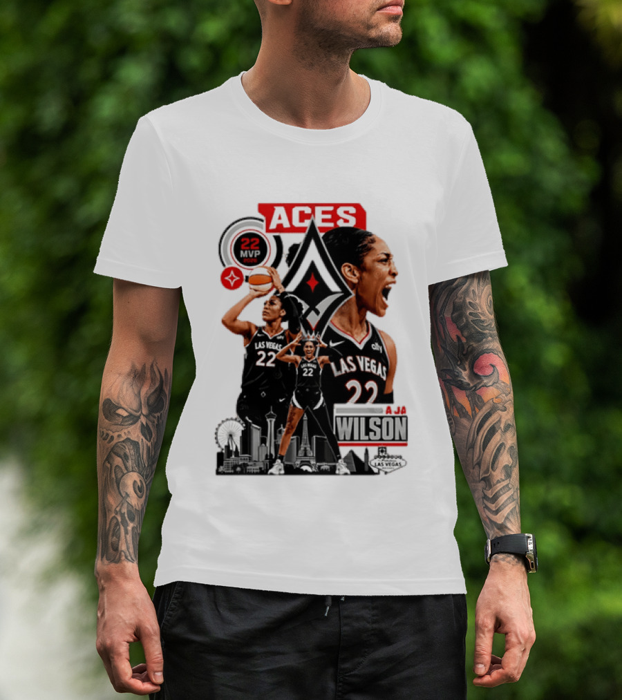 Las Vegas Aces A'ja Wilson 22 MVP Skyline Basketball T-Shirt