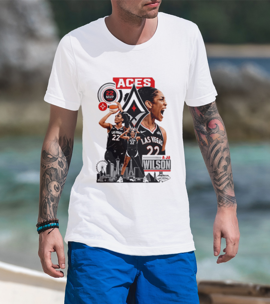 Las Vegas Aces A'ja Wilson 22 MVP Skyline Basketball T-Shirt