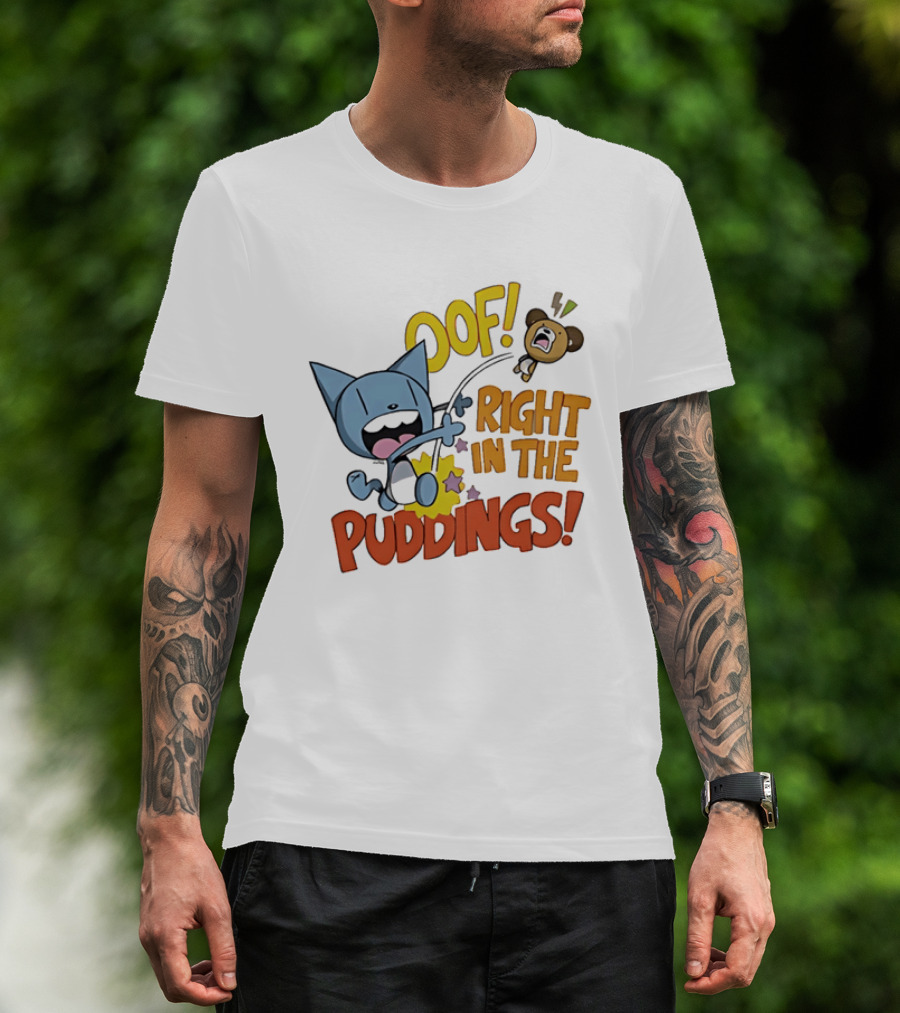 Looshkin Oof Right In The Puddings Funny Cat And Bear Cartoon Humor T-Shirt