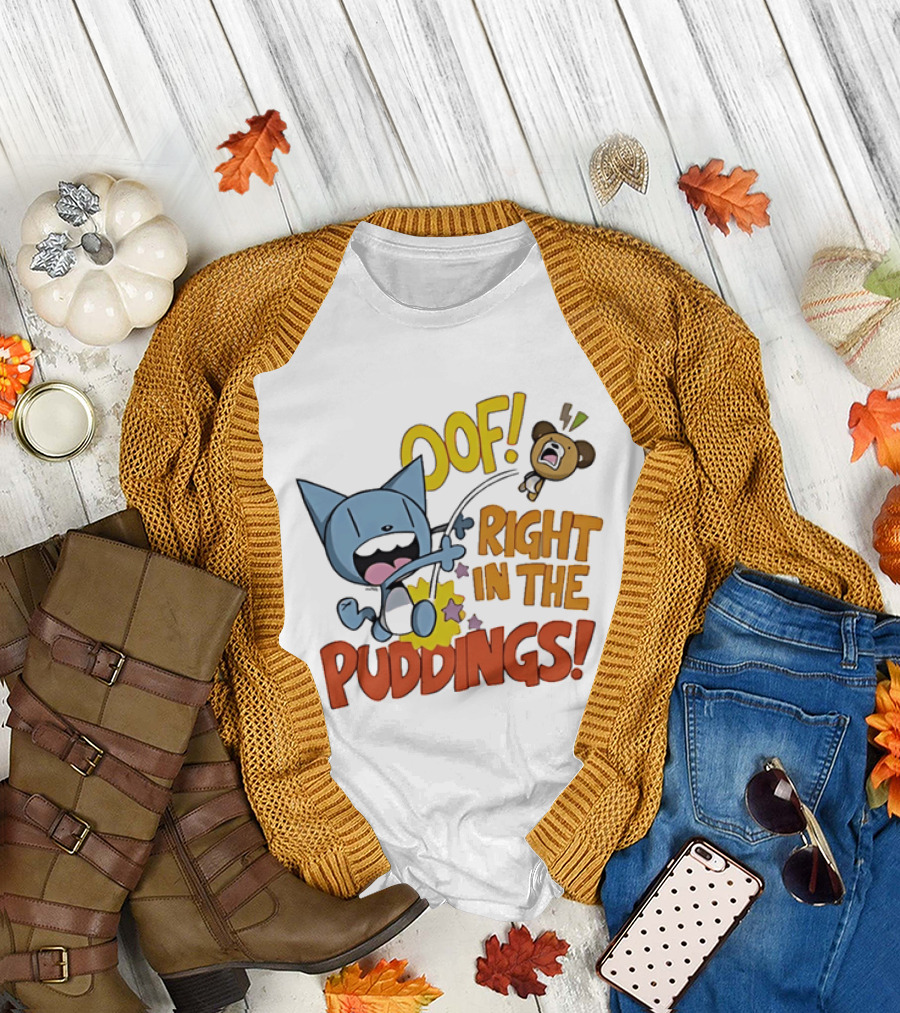 Looshkin Oof Right in the Puddings Funny Cat and Bear Cartoon Humor T-Shirt
