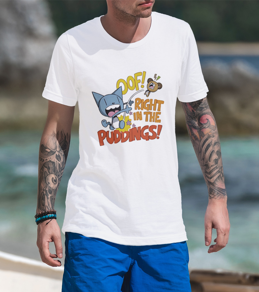 Looshkin Oof Right In The Puddings Funny Cat And Bear Cartoon Humor T-Shirt