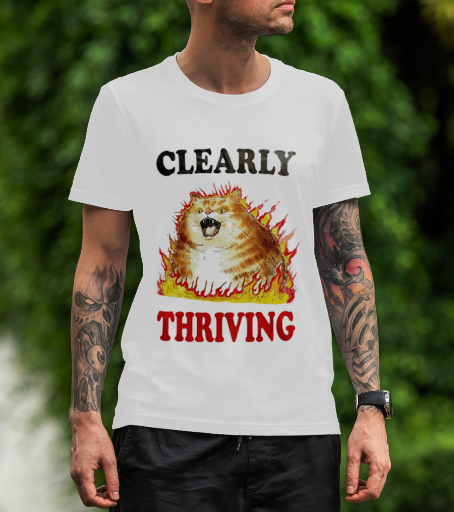 Clearly Thriving Fat Orange Tabby Cat Flames T-Shirt