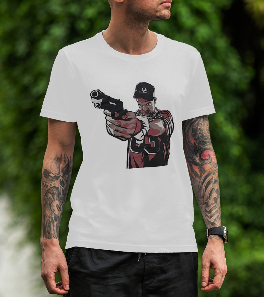 Man Pointing Gun Graphic With Number 89 And Hat Logo Codestructor T-Shirt