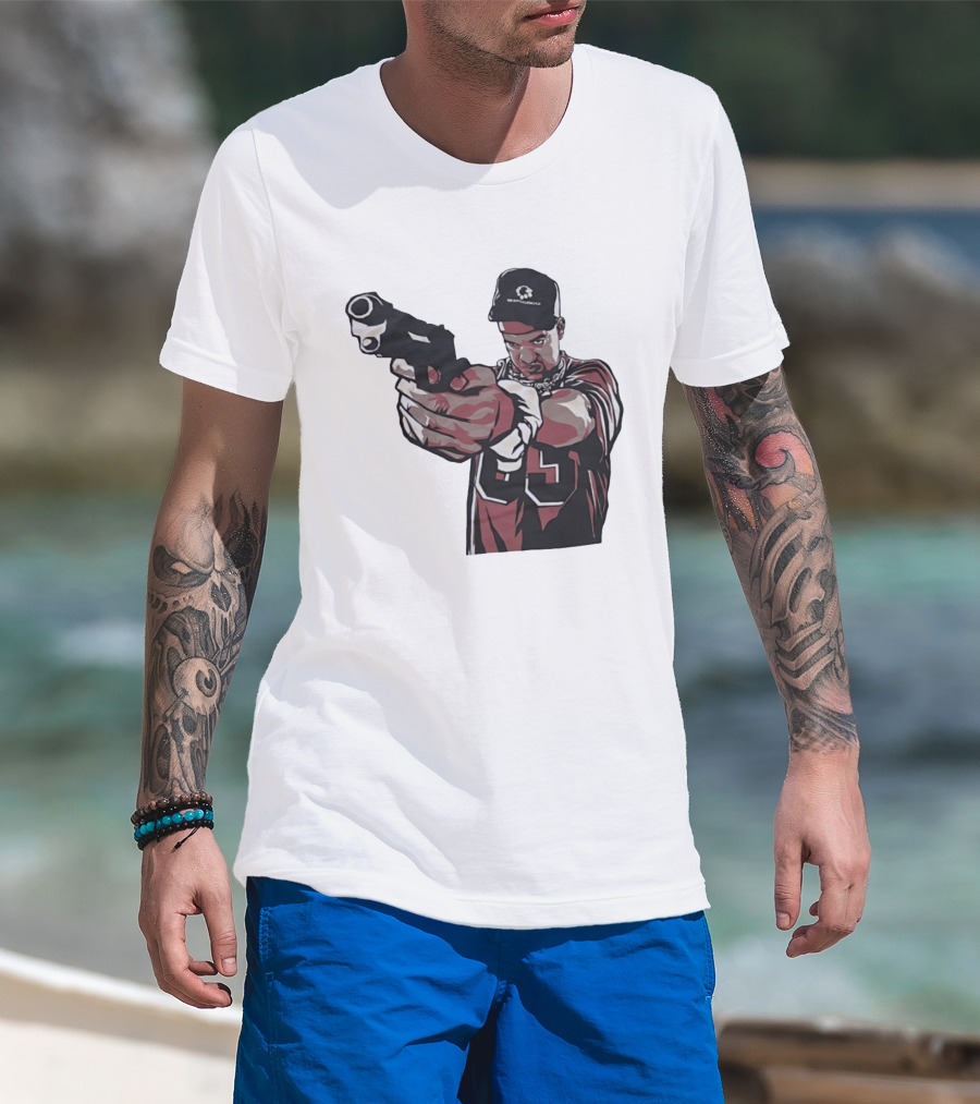 Man Pointing Gun Graphic With Number 89 And Hat Logo Codestructor T-Shirt