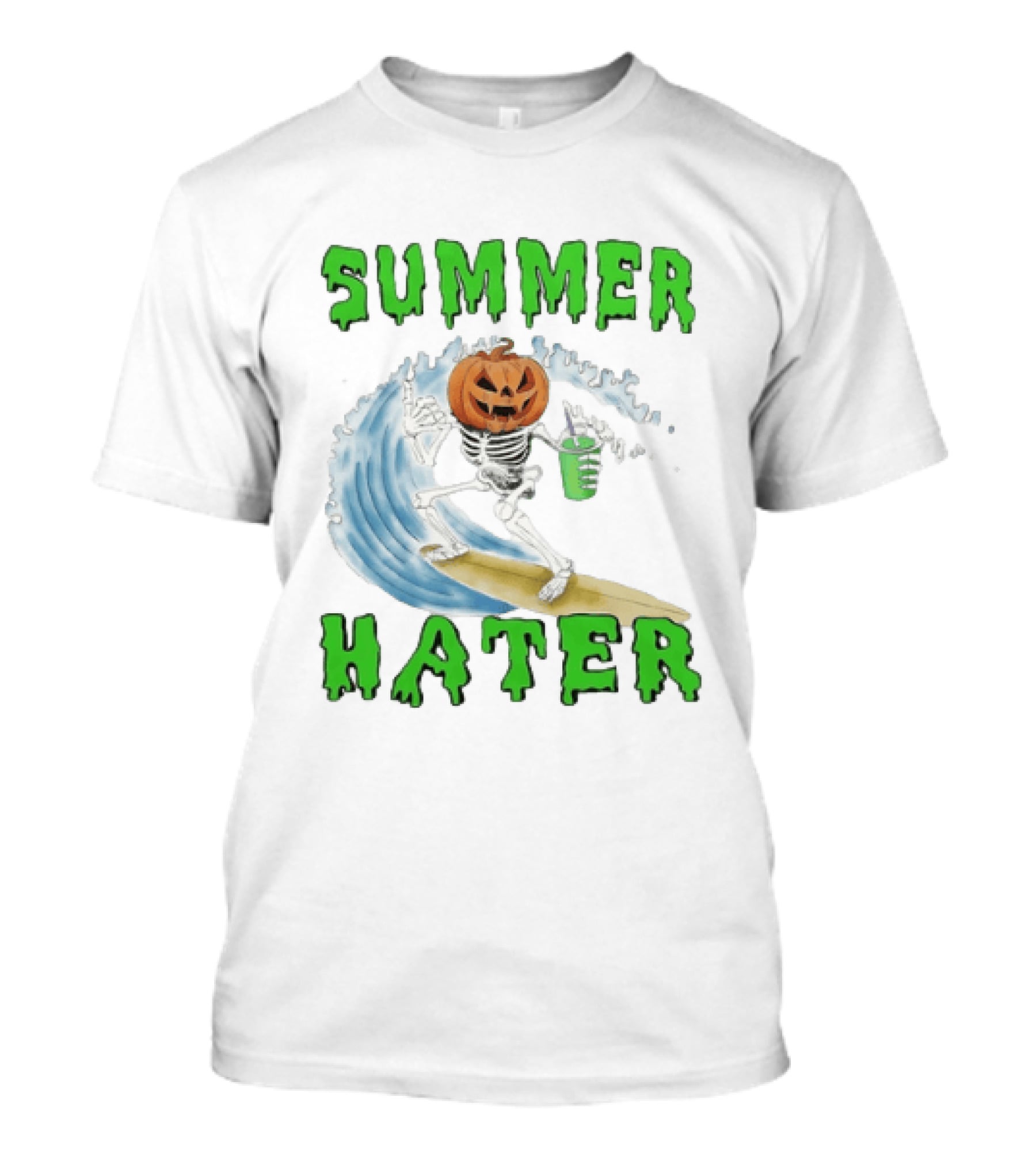 Skeleton With Pumpkin Head Surfing Wave Summer Hater T-Shirt